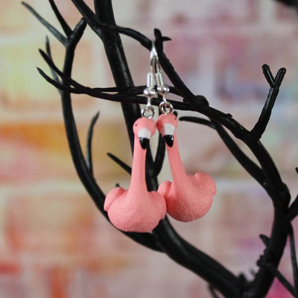 Flamingo Earrings, Kawaii Earrings, Novelty Earrings, Quirky Dangly Earrings