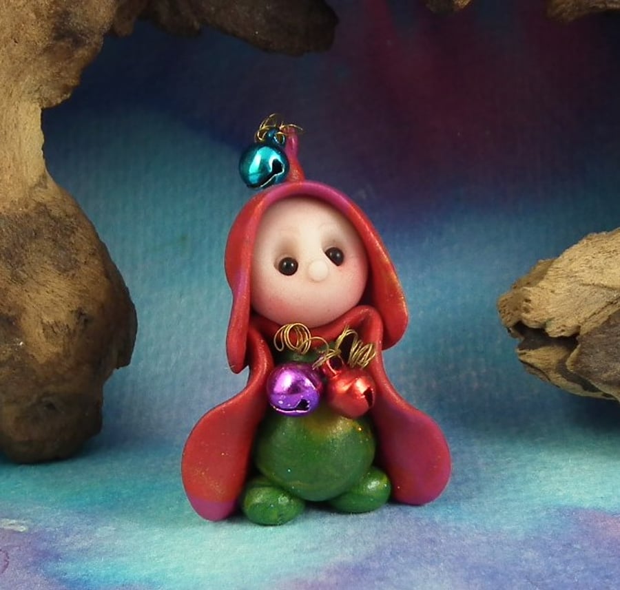 Tiny Bell-ringing Gnome 'Kit' 1.5" OOAK Sculpt by Ann Galvin