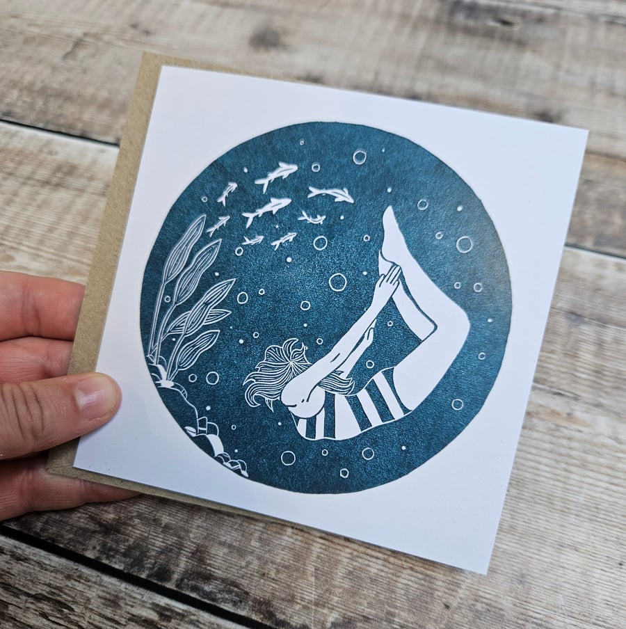 Wonder- Single square greetings card inspired by swimming outdoors