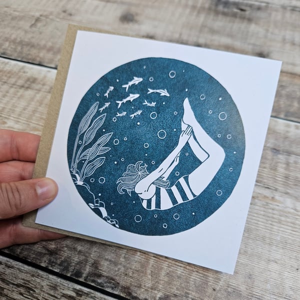 Wonder- Single square greetings card inspired by swimming outdoors