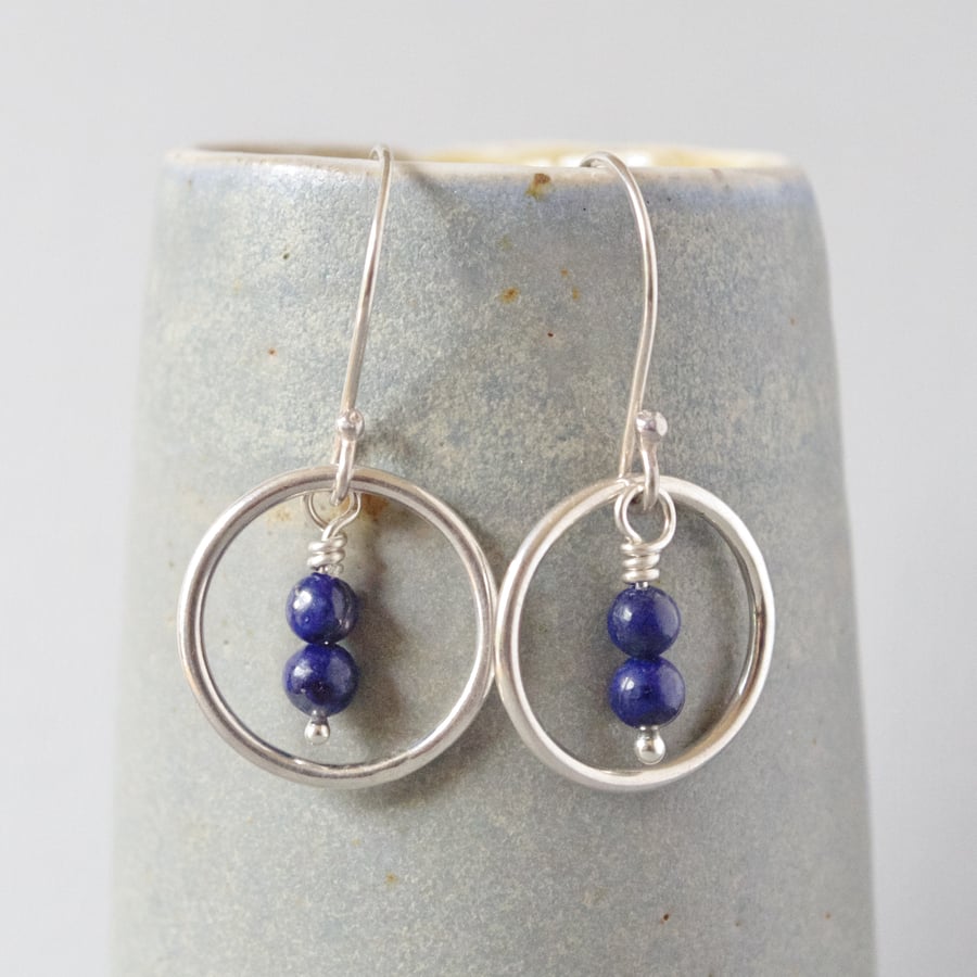 Deep Blue Upcycled Lapis Lazuli and Sterling Silver Circular Drop Karma Earrings