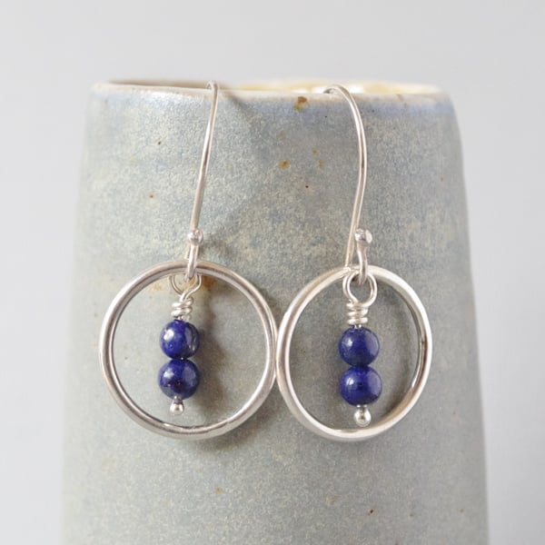 Deep Blue Upcycled Lapis Lazuli and Sterling Silver Circular Drop Karma Earrings