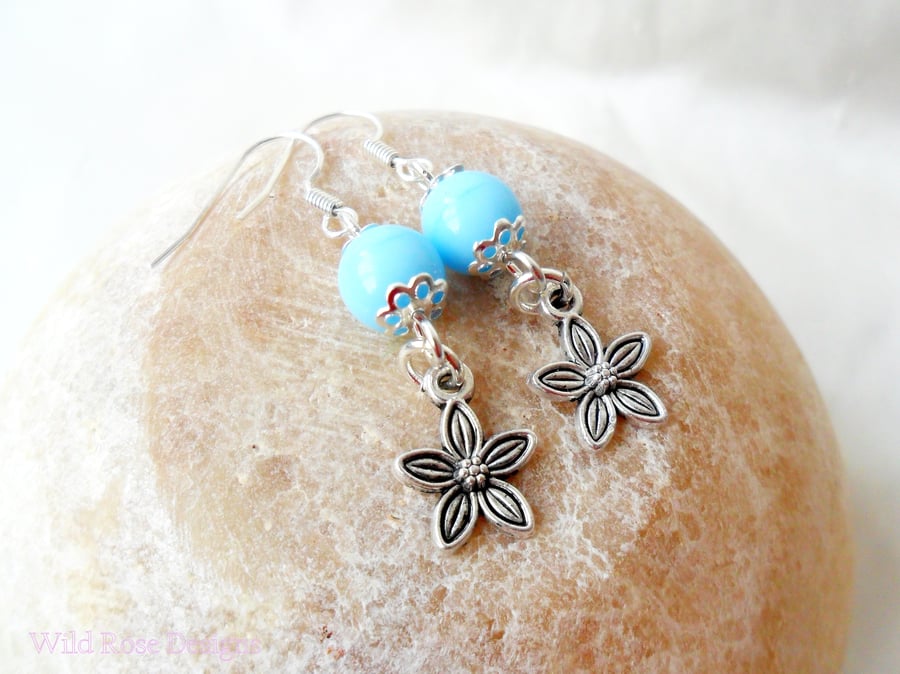 Blue and silver flower earrings - sale item!