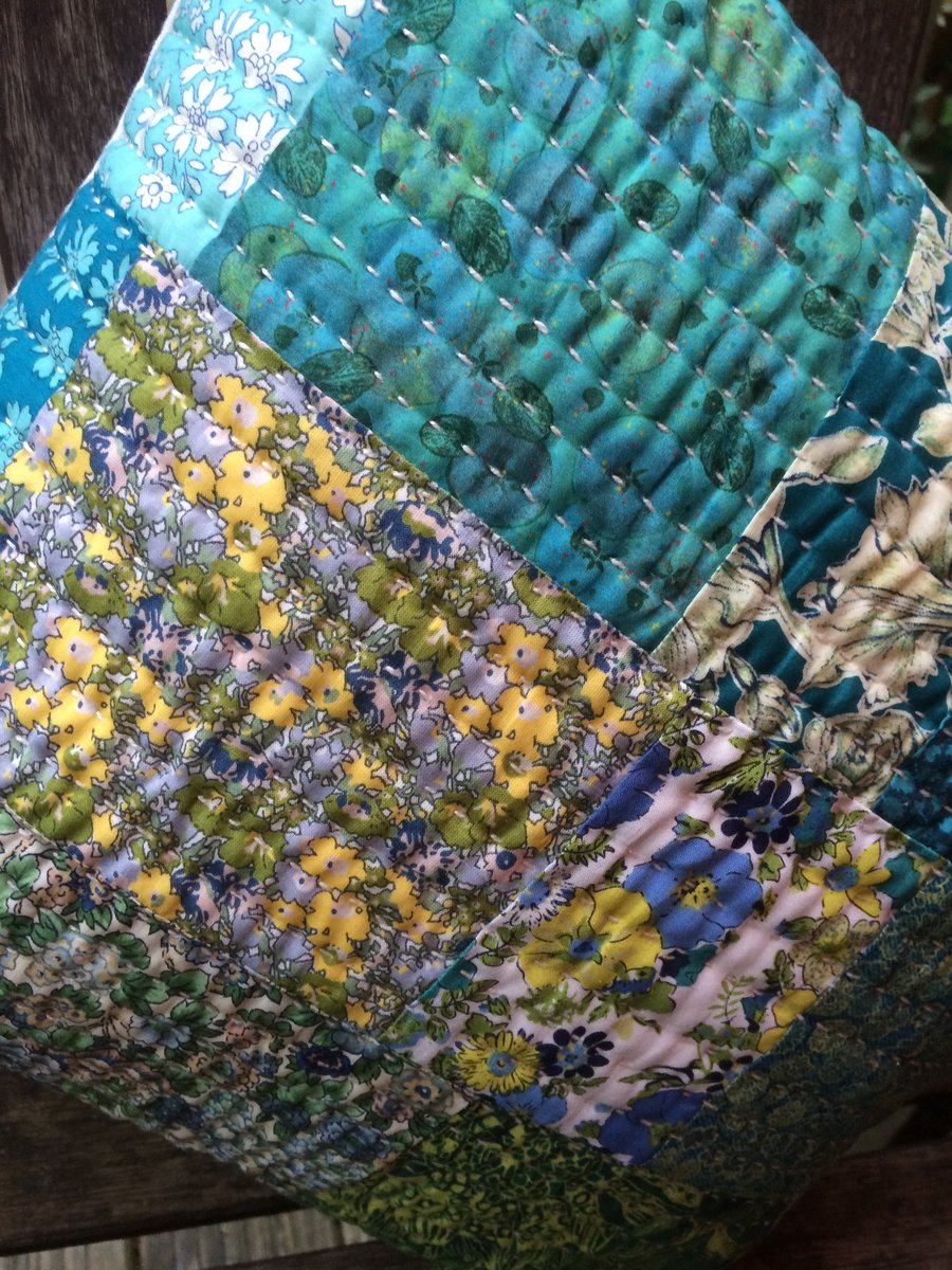 Liberty fabric patchwork cushion with kantha stitching