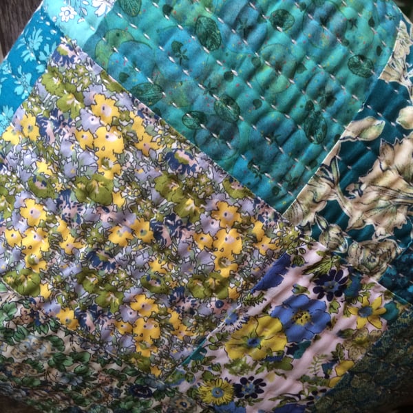 Liberty fabric patchwork cushion with kantha stitching