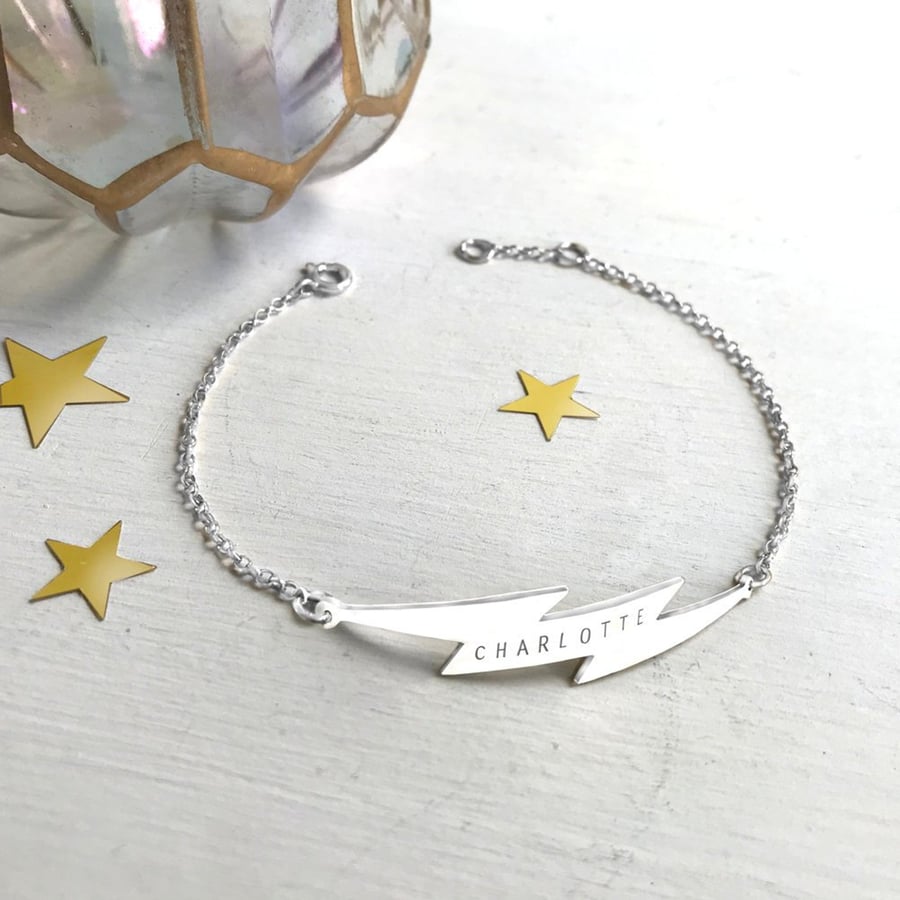 Personalised Sterling Silver Lightning Bolt Bracelet, Valentine's Day gift 