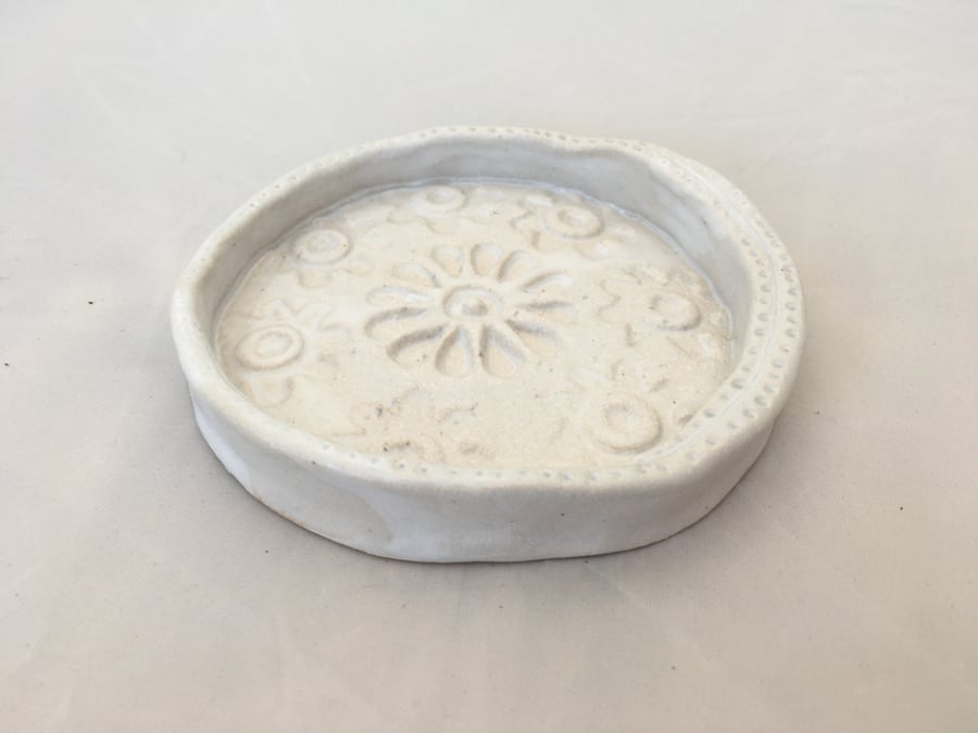 Soap dish, ceramic dish, ring dish, white trinket dish, handmade pottery