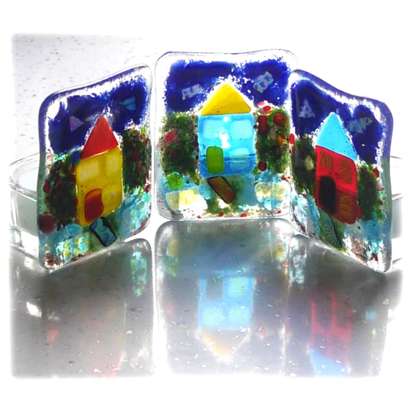 Candle Holder Fused Glass Tea-light Little House Picture