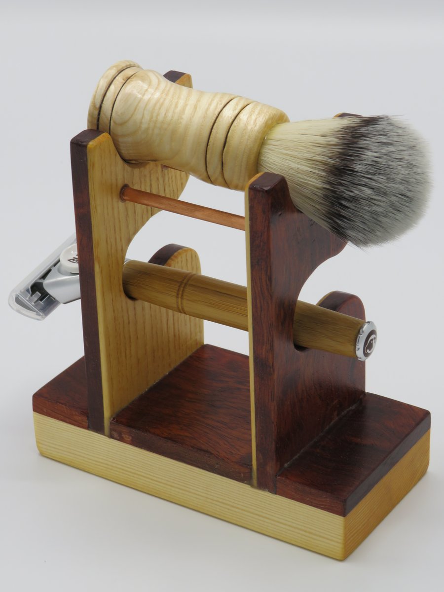 Handcrafted brush stand in Bubinga, Ash & Copper. SKU SS16