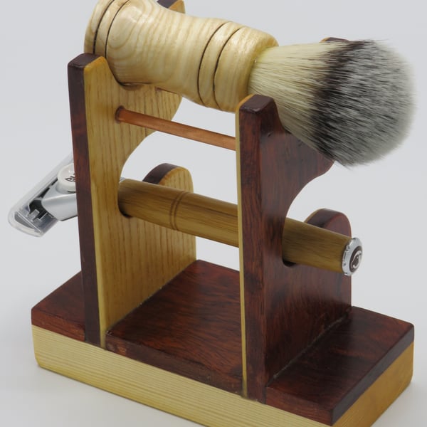 Handcrafted brush stand in Bubinga, Ash & Copper. SKU SS16