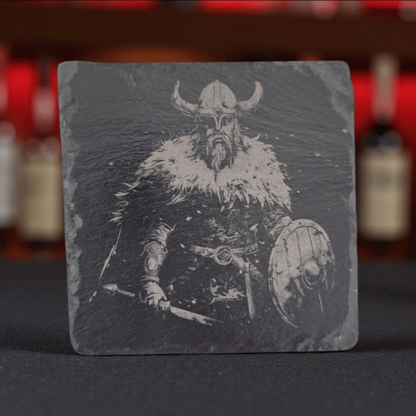 Viking Warrior Slate Coaster – 10x10cm Engraved Norse Design