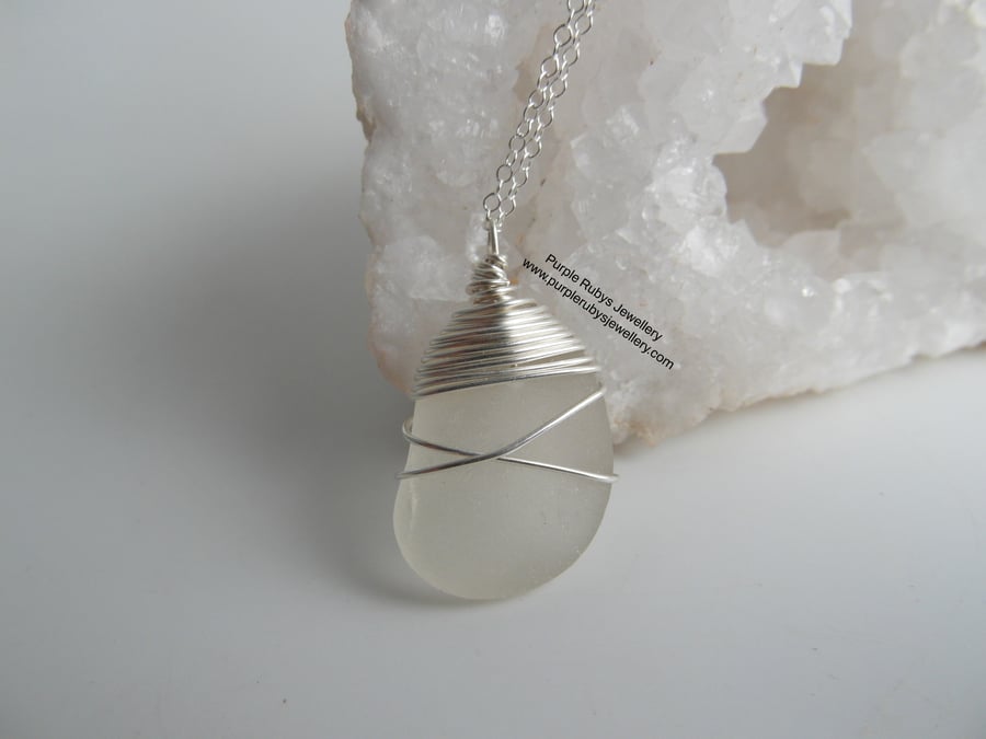 White Cornish Sea Glass Wire Wrapped Necklace, Sterling Silver N553