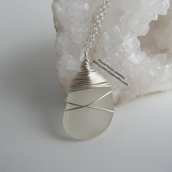 White Cornish Sea Glass Wire Wrapped Necklace, Sterling Silver N553