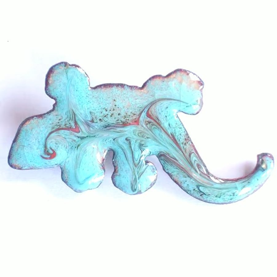 brooch - lizard scrolled red on turquoise