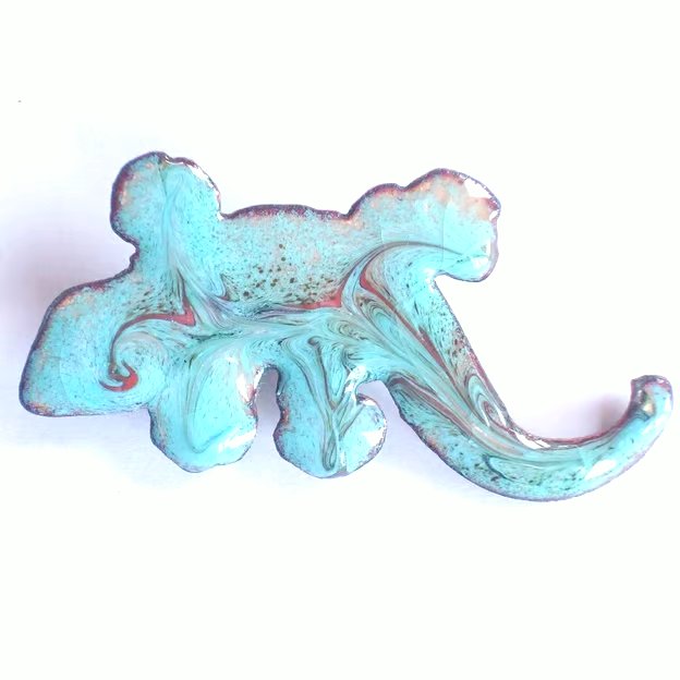 brooch - lizard scrolled red on turquoise