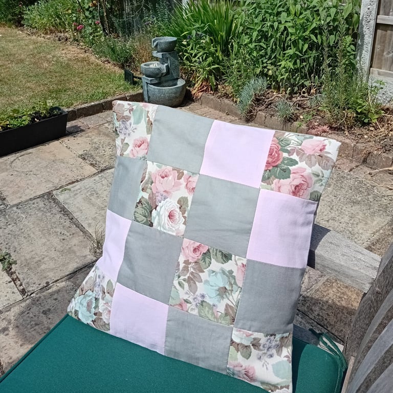 Pink and grey patchwork cushion cover. Sanderson print cushion