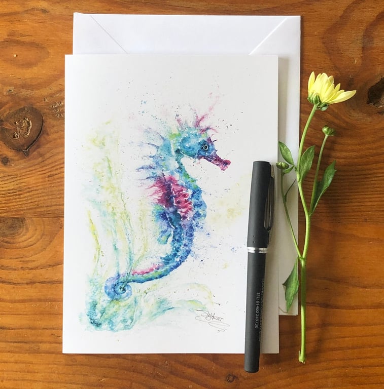 Seahorse Card, A5 blank greeting card with a watercolour seahorse design 