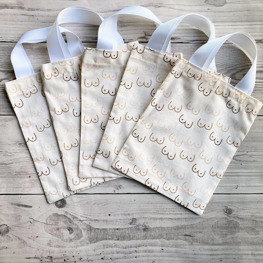 Fun booby print cream cotton themed party bags Small tote gift bags.