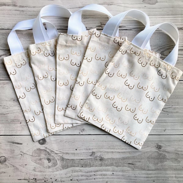 Fun booby print cream cotton themed party bags Small tote gift bags.