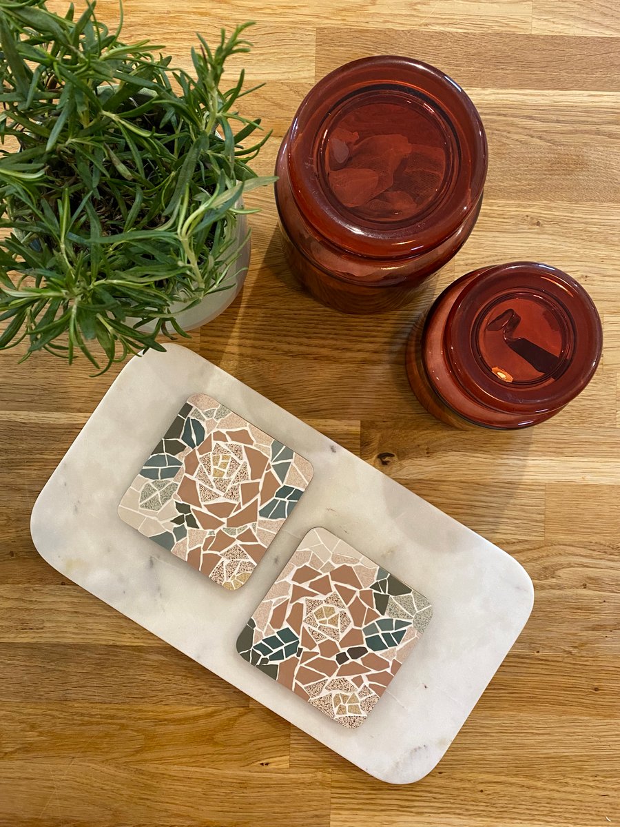 Two Mosaic Coasters :  Pink and Brick Red Roses. FREE GIFT WRAPPING     
