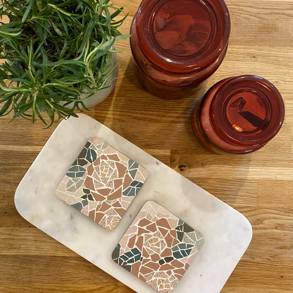 Two Mosaic Coasters :  Pink and Brick Red Roses. FREE GIFT WRAPPING     