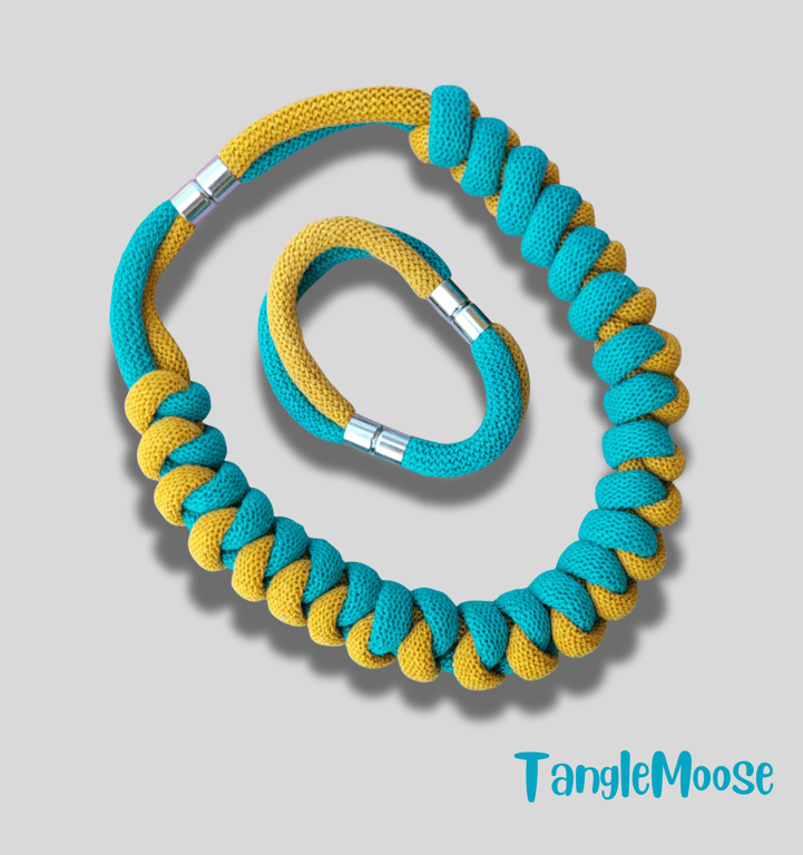 Handmade Two-Tone Necklace & Bracelet Set – Mustard & Jade Recycled Cotton