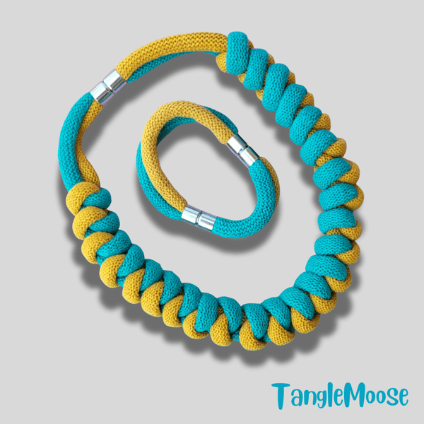 Handmade Two-Tone Necklace & Bracelet Set – Mustard & Jade Recycled Cotton