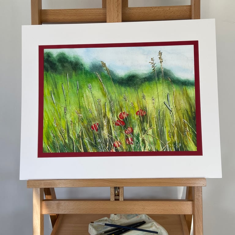  Unique watercolour painting, Poppy field