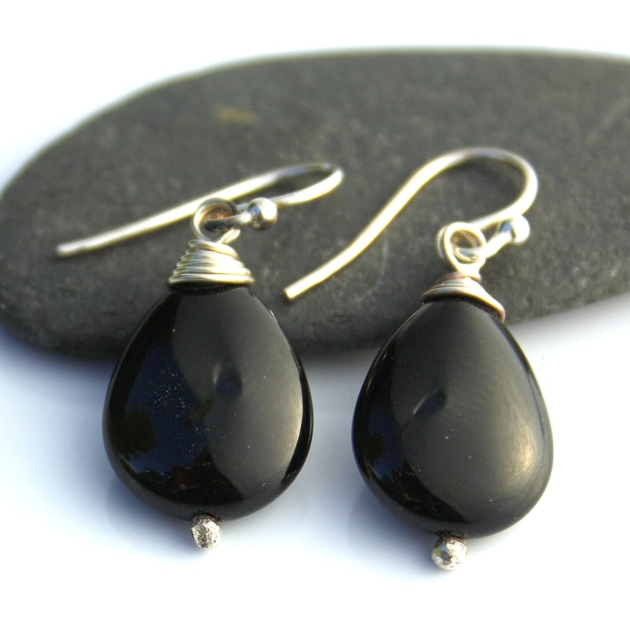 Onyx silver wrapped earrings, teardrops