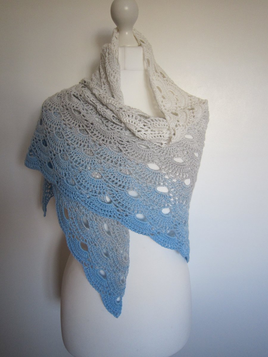 Hand Crochet White, Grey and Blue Ladies Shawl, Summer Shawl, Boho Shawl