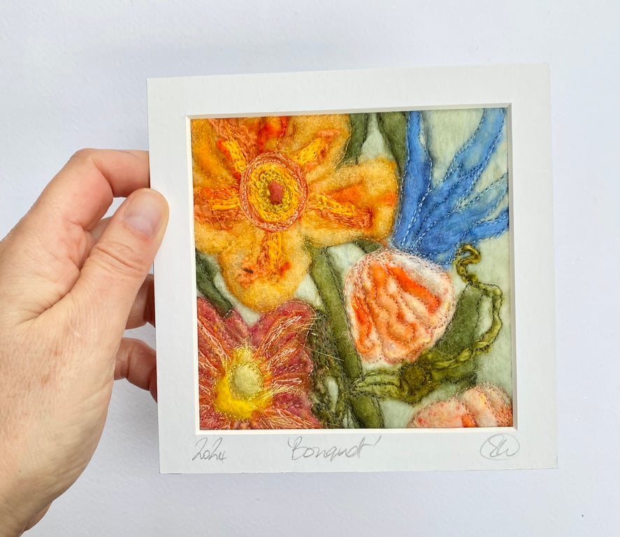 Mounted embroidered flower wet felted artwork, wall art. 