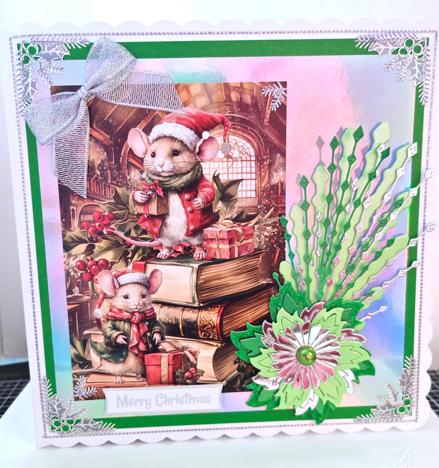 Luxury Large Cute Christmas 'Mice at Work' Handmade Card 3D Flower Embellishment