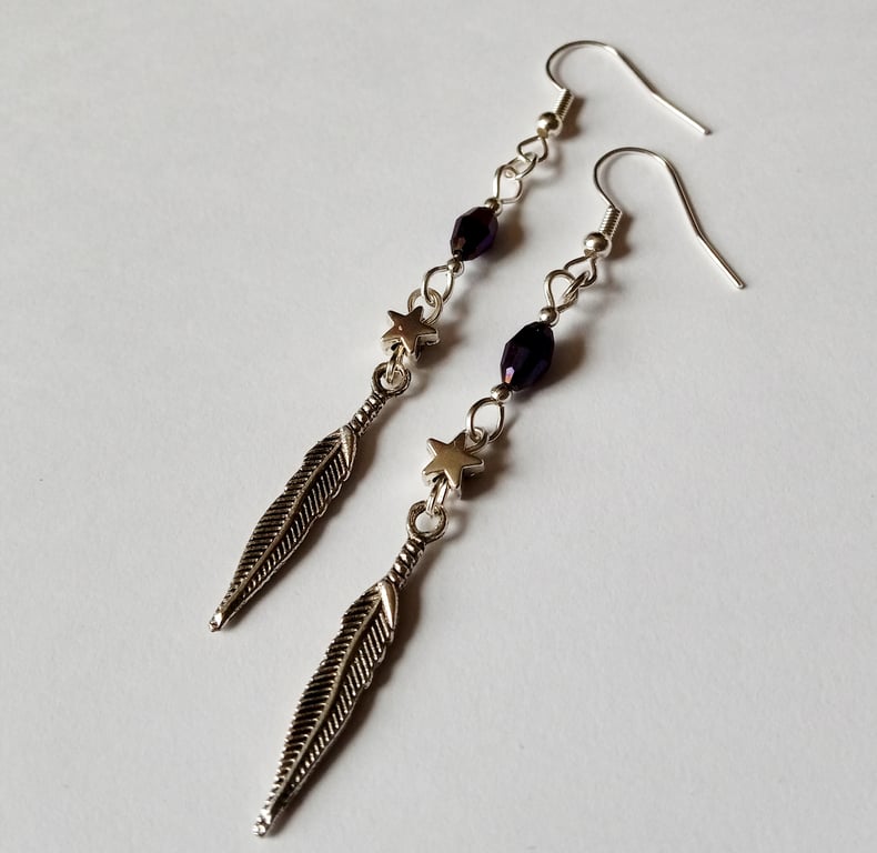 Feather Star Purple Ab Crystal Bead Dangle Earrings