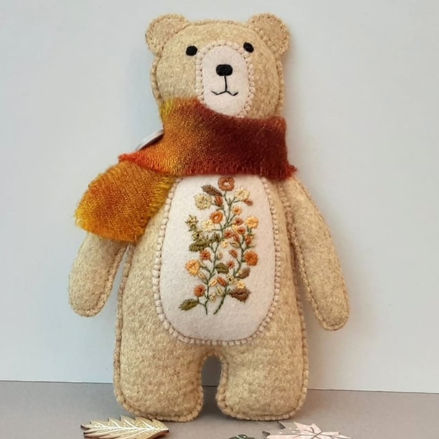 Scandi Woodland teddy bear, embroidered one of a kind bear,hanging decoration
