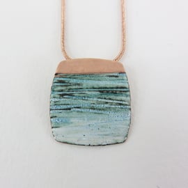 Copper and Enamel Textured Pendant in Teal and White