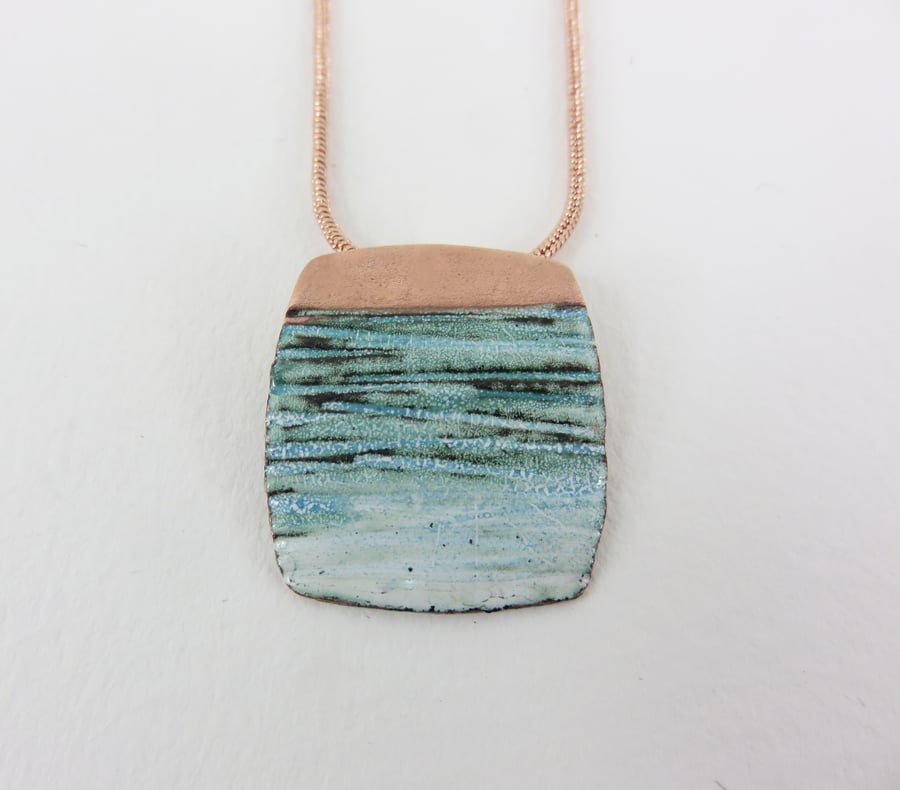 Copper and Enamel Textured Pendant in Teal and White