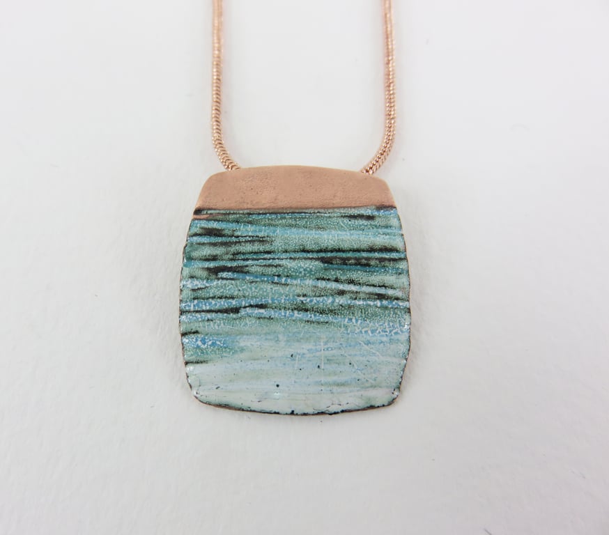 Copper and Enamel Textured Pendant in Teal and White