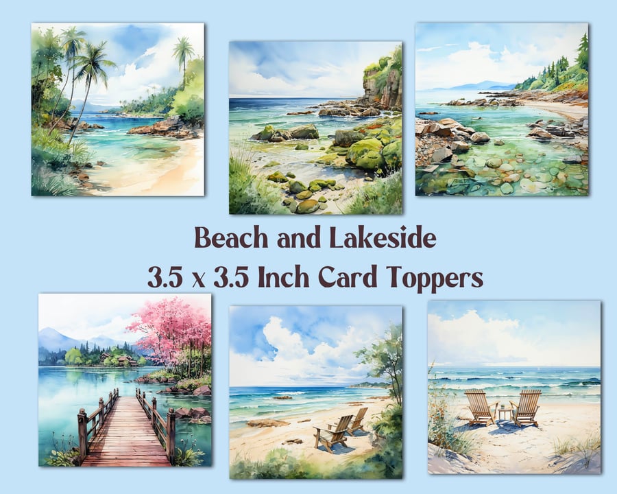 Beach and Lakeside Scenes Square Card Toppers for Card Making, Journals, Tags
