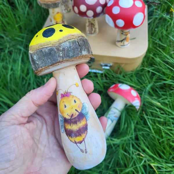 Wooden Toadstool with Bee Illustration,Fairy Tale Nursery Decor,mushroom decor