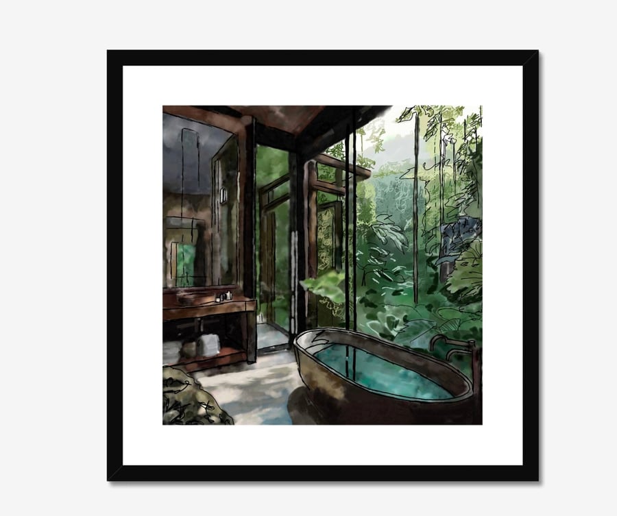 “Tranquility “ Ethereal Bathroom watercolour paint Art print, Framed and mounted