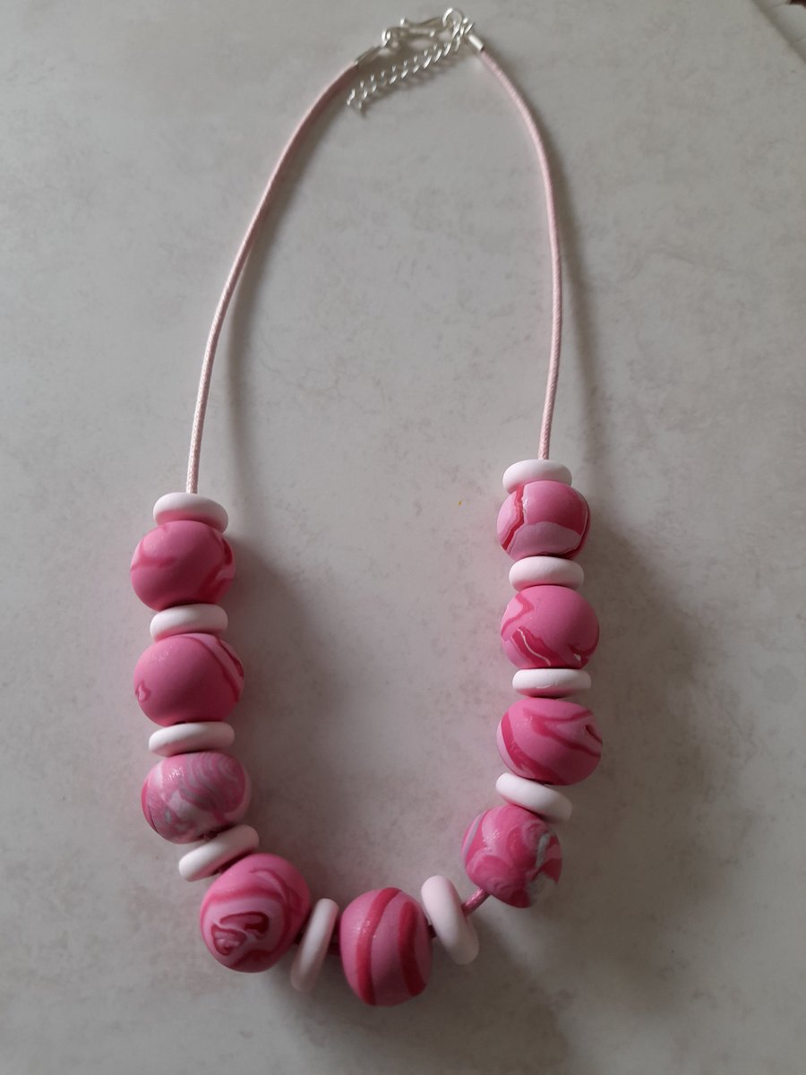 POLYMER CLAY PINK MARBLE NECKLACE - FREE UK SHIPPING