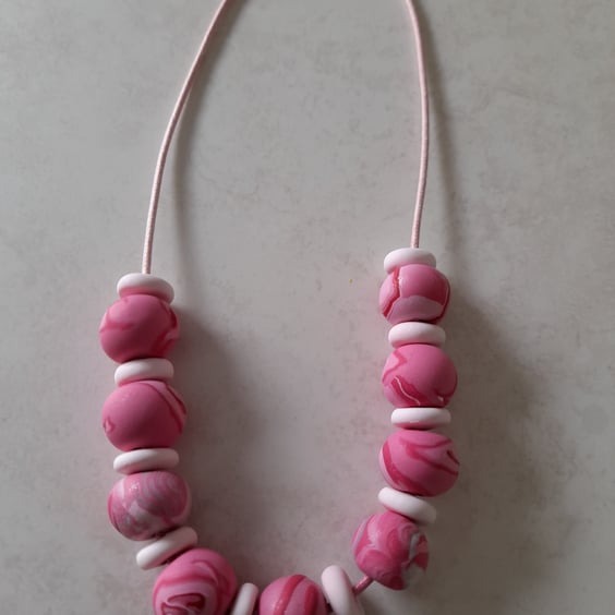 POLYMER CLAY PINK MARBLE NECKLACE - FREE UK SHIPPING