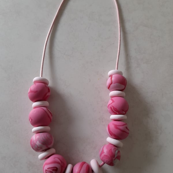 POLYMER CLAY PINK MARBLE NECKLACE - FREE UK SHIPPING