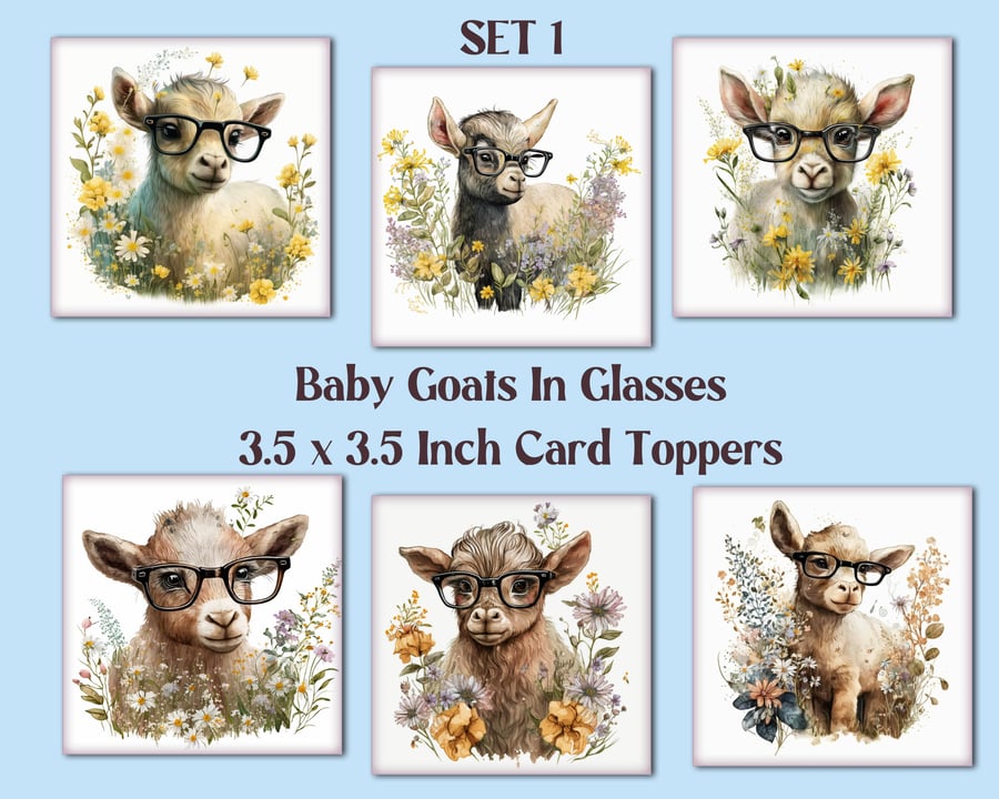 Baby Goats in Glasses Square Card Toppers for Card Making, Journals, Tags