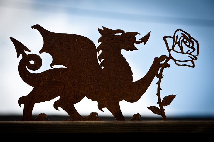 Welsh Dragon English Rose Fence Topper Wedding Gift, 11th Anniversary Gift