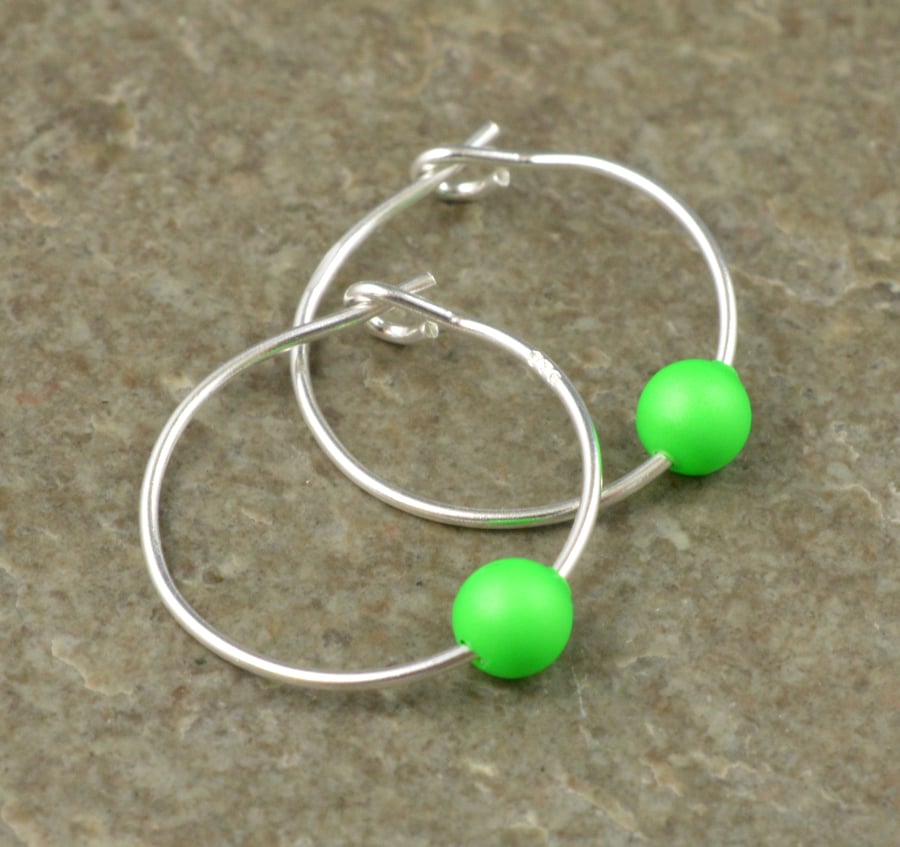 Fluorescent Neon Green Swarovski Crystal Pearl Sterling Silver Hoop Earrings