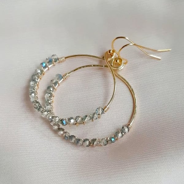 Round Crystal Blue Bead Hoop Earrings – Handmade Wire Wrapped Sparkly Jewellery