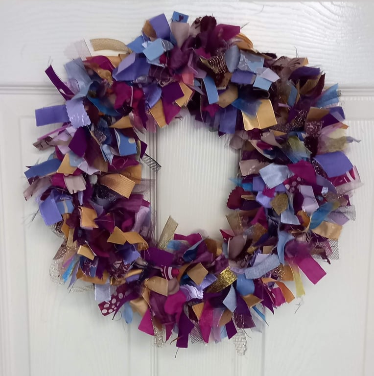Purple Lilac and Gold Rag Wreath