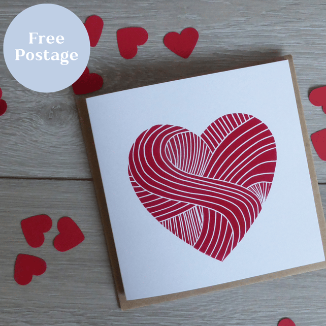 Handprinted red love heart design Anniversary Valentine's Day card