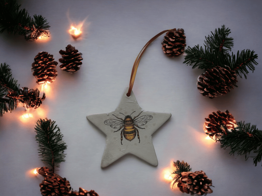 Bumblebee Ceramic Star Double Sided Hanging Christmas Decoration 